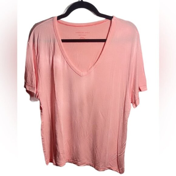 NWT Lot of 2 Aerie Distressed peach and green V neck V-Neck Boyfriend T-Shirt M - Picture 2 of 7